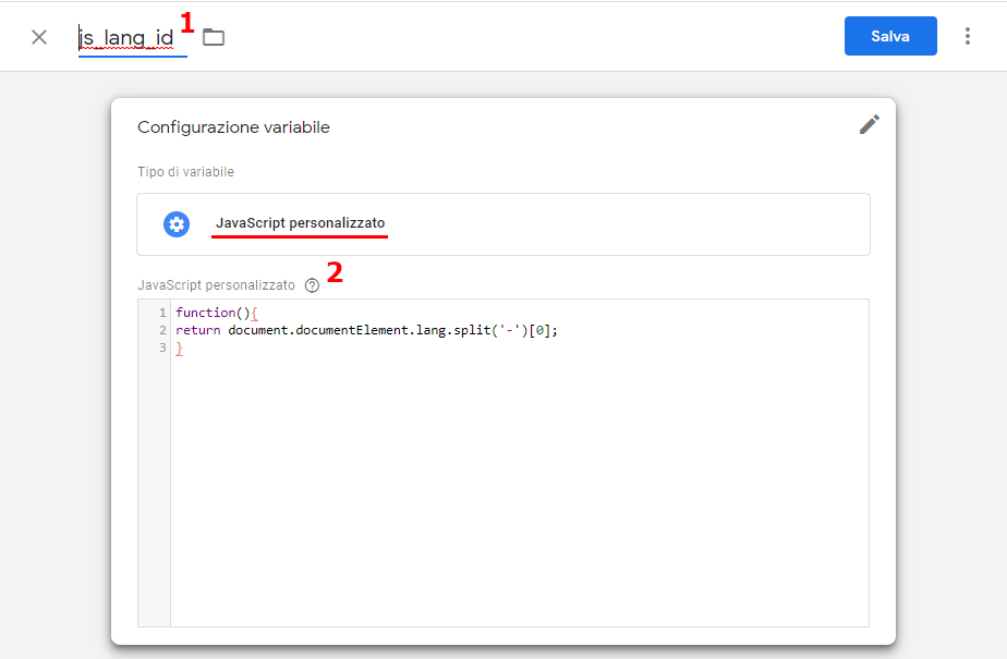 Configurazione variabile JavaScript personalizzato Google Tag Manager