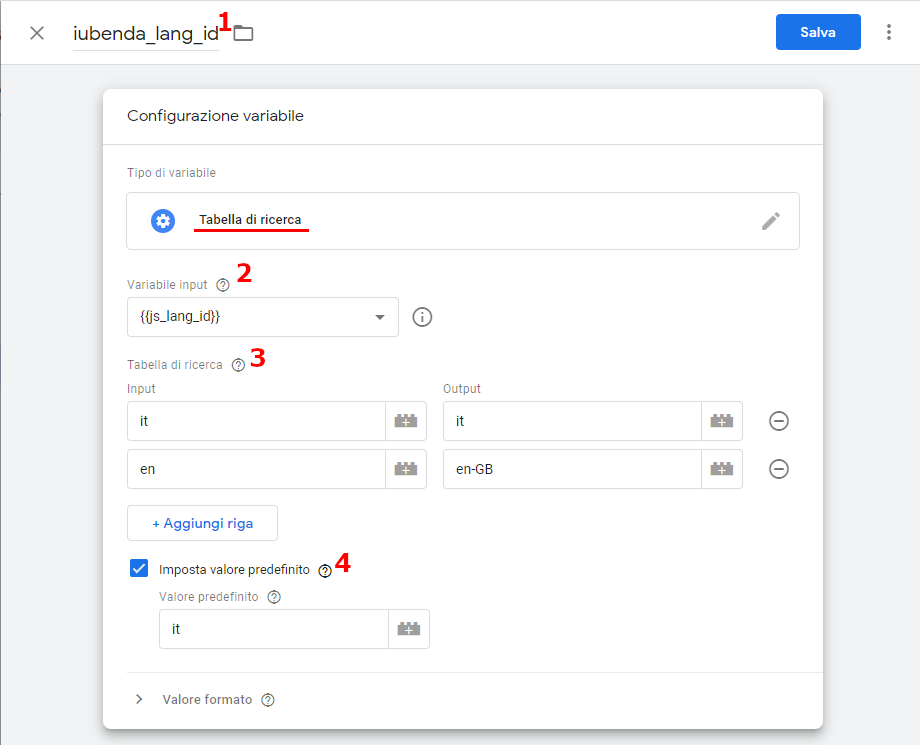 Configurazione variabile Tabella di Ricerca Google Tag Manager per Iubenda Lang