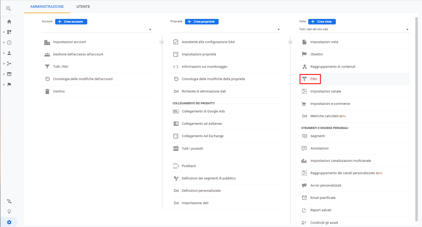 Google Analytics Impostazione Filtri