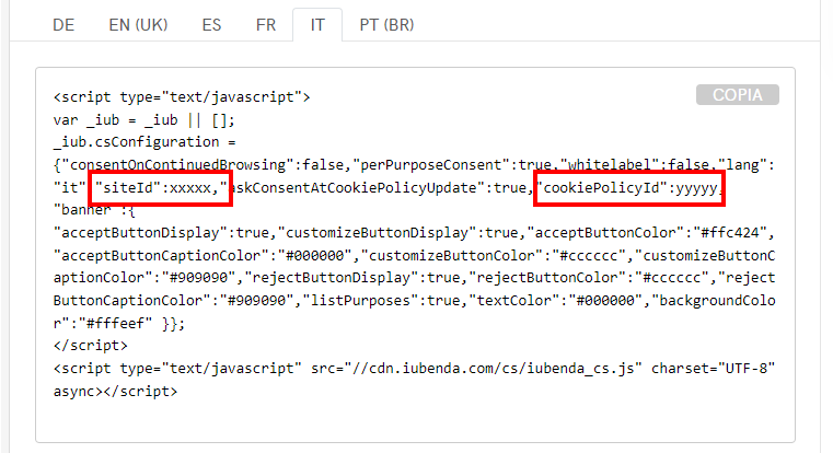 Codice Banner Cookie Iubenda