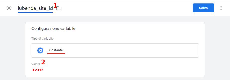 Configurazione variabile Google Tag Manager di tipo Costante per Iubenda SiteId