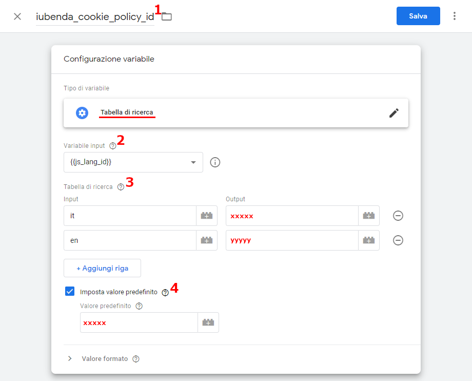 Configurazione variabile Tabella di Ricerca Google Tag Manager per Iubenda cookiePolicyId