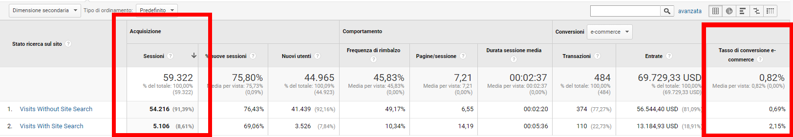 Google Analytics rapporto Ricerche sul sito, Utilizzo