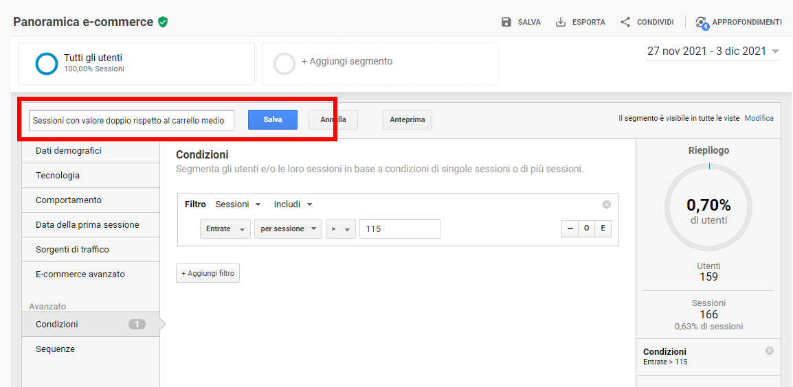 Riepilogo segmento di pubblico in Google Analytics