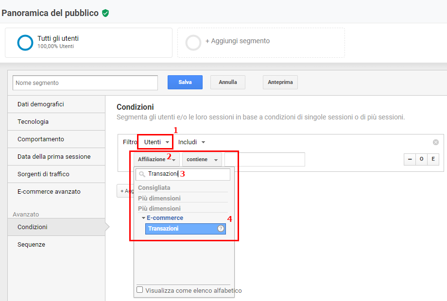 Segmentazione avanzata in Google Analytics - impostazione filtro