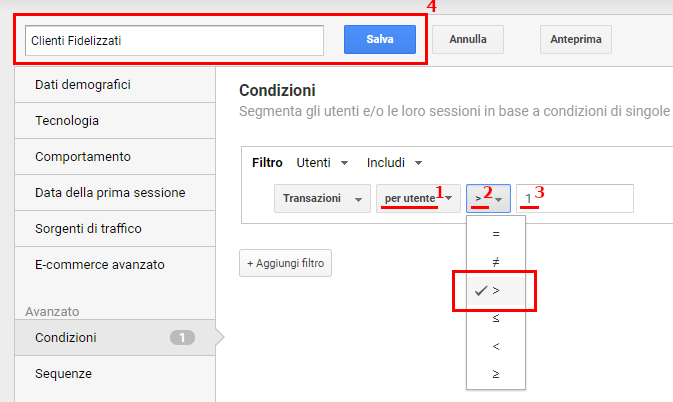 Segmentazione avanzata in Google Analytics - impostazione completa filtro