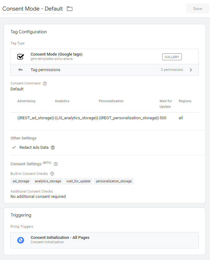 Impostazione del tag di Simo Ahava per la Google Consent Mode in Google Tag Manager