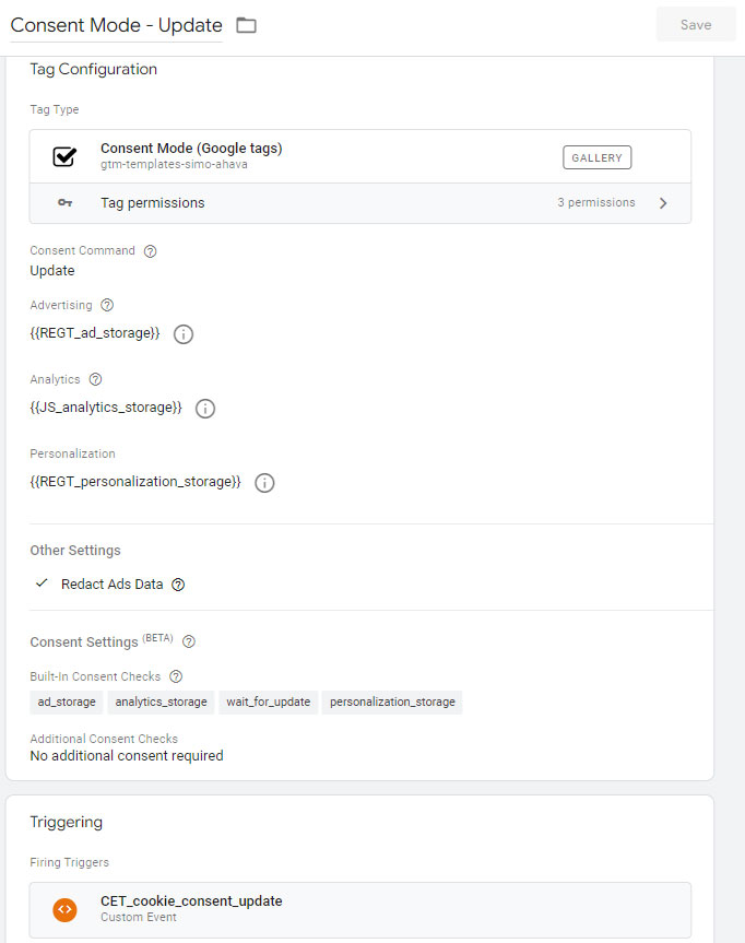 Impostazione del tag di Simo Ahava per la Google Consent Mode in Google Tag Manager