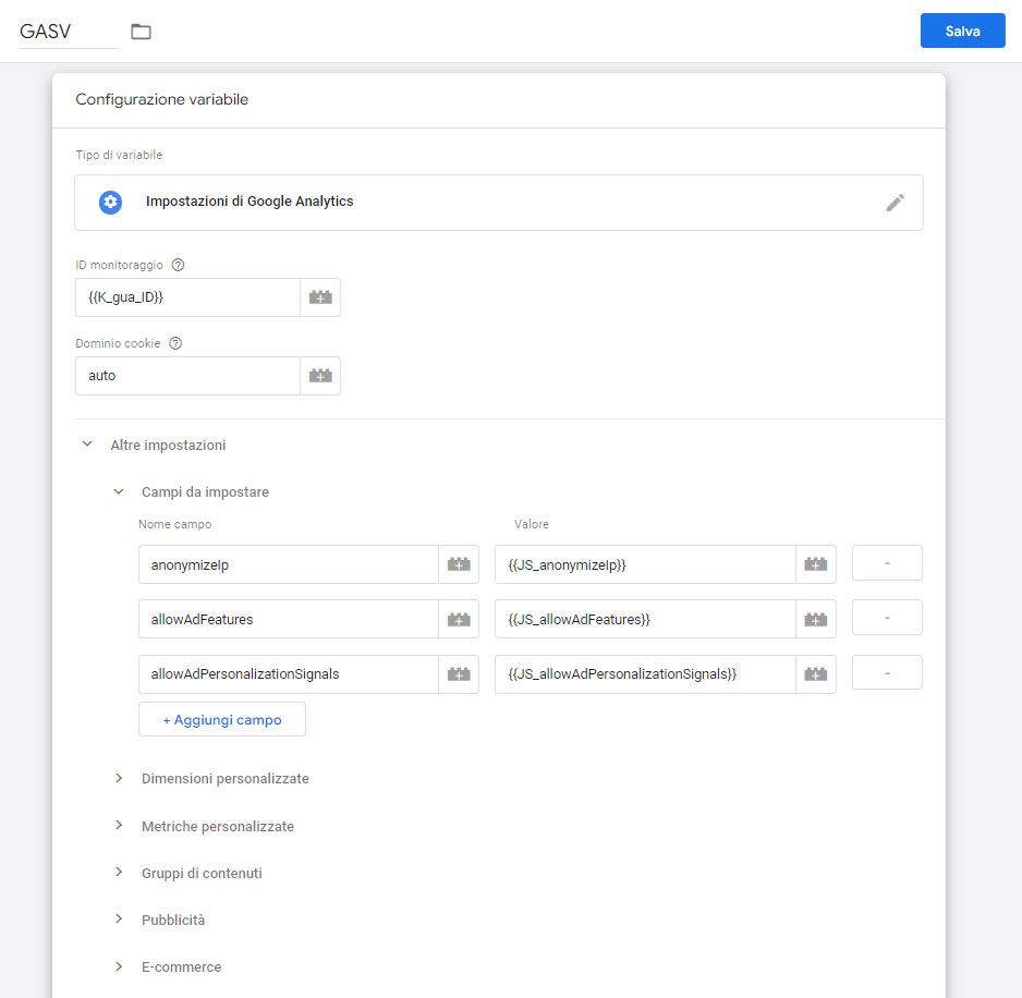 Variabile Google Tag Manager con le impostazioni di Google Analytics