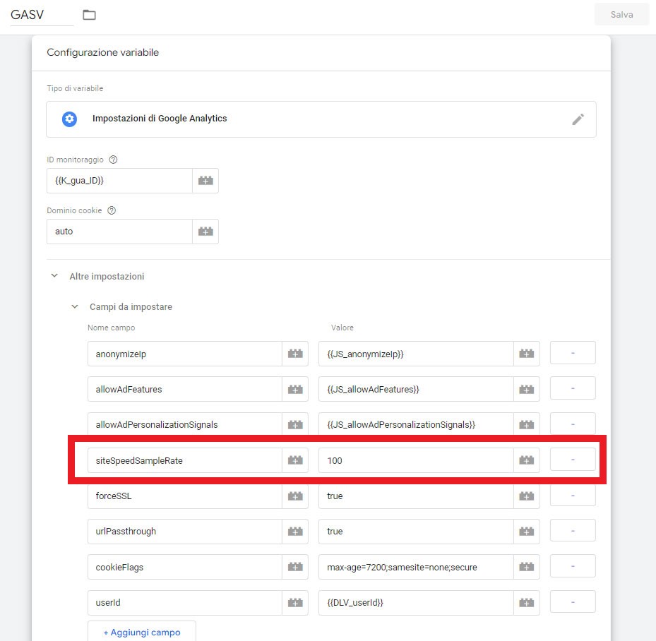 Parametro siteSpeedSampleRate nella variabile delle Impostazioni di Google Analytics di Tag Manager