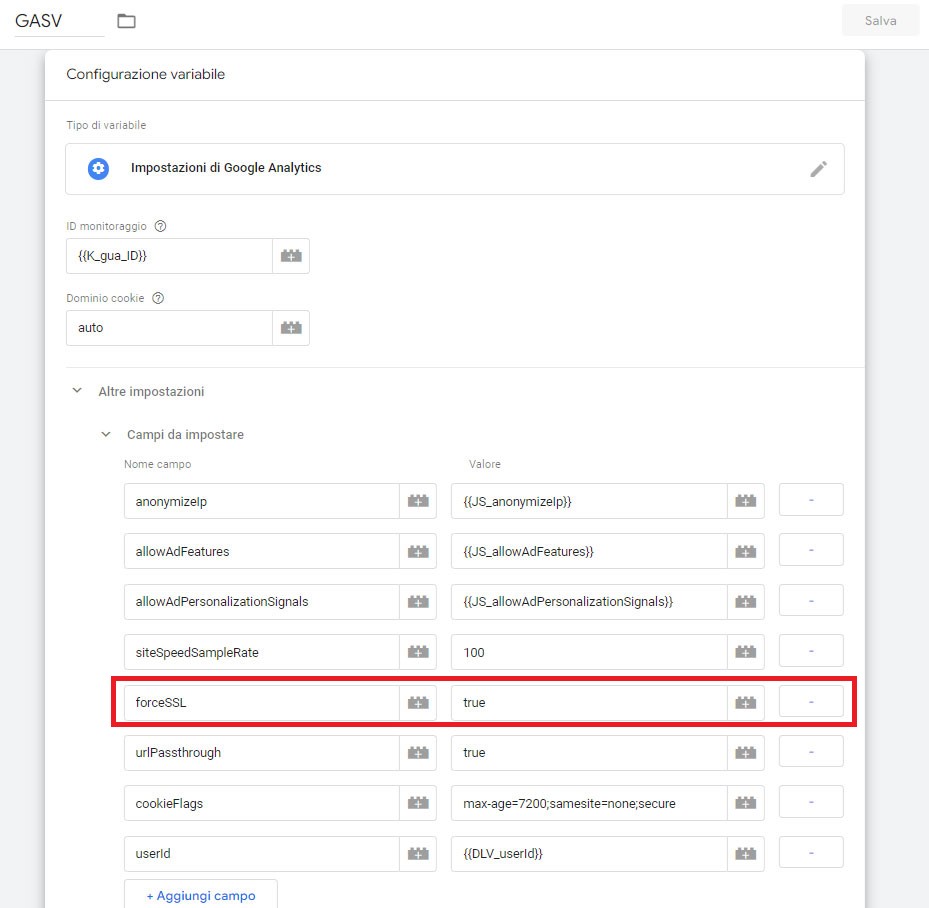 Parametro siteSpeedSampleRate nella variabile delle Impostazioni di Google Analytics di Tag Manager