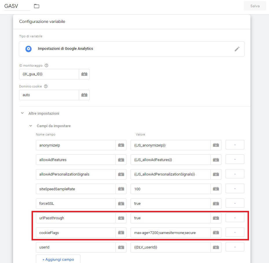 Parametro urlPassthrough e cookieFlags nella variabile delle Impostazioni di Google Analytics di Tag Manager