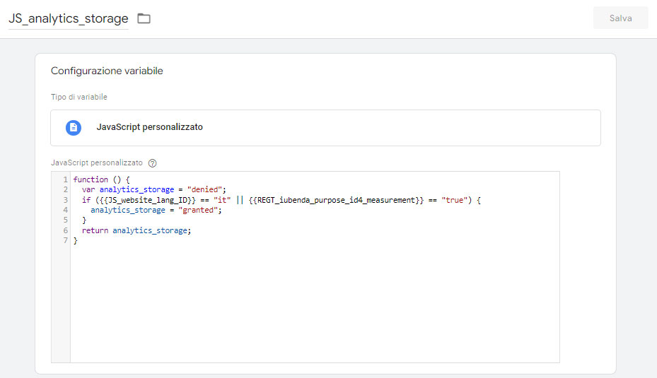 Variabile di Google Tag Manager di tipo JavaScript personalizzato per la gestione di analytics_storage con la Consent Mode