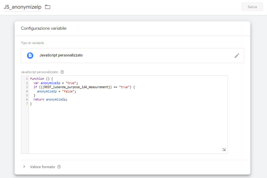 Variabile di tipo JavaScript personalizzato per la gestione dell'anonymizeIp con Google Tag Manager