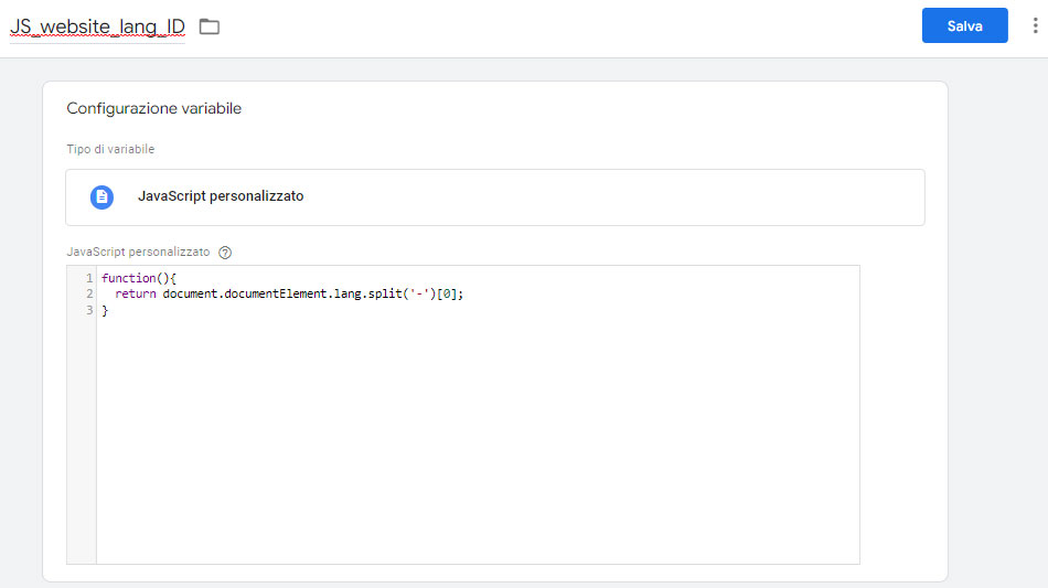 Configurazione variabile JavaScript personalizzato Google Tag Manager