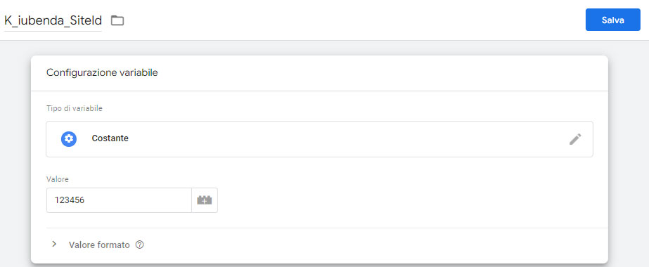 Configurazione variabile Google Tag Manager di tipo Costante per Iubenda SiteId