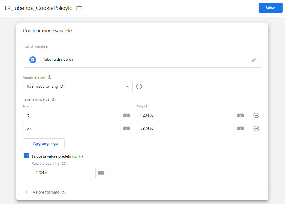 Configurazione variabile Tabella di Ricerca Google Tag Manager per Iubenda cookiePolicyId