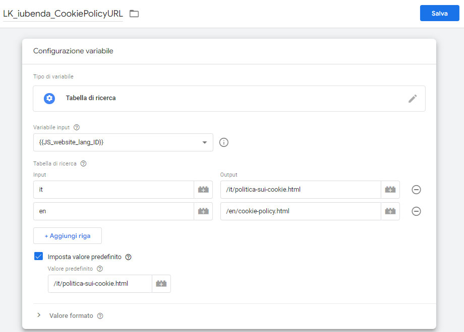 Configurazione variabile Tabella di Ricerca Google Tag Manager per Iubenda cookiePolicyURL