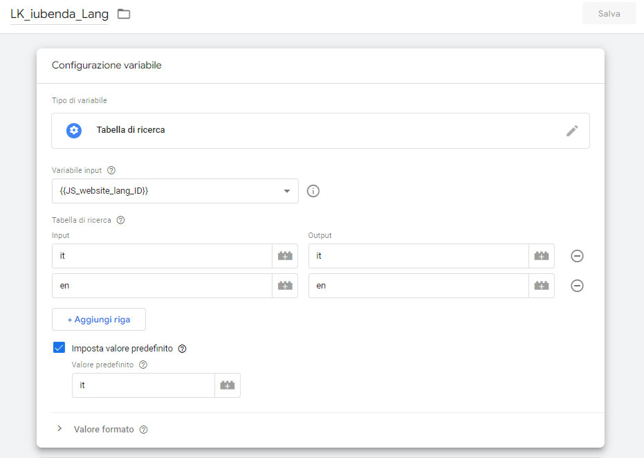 Configurazione variabile Tabella di Ricerca Google Tag Manager per Iubenda Lang