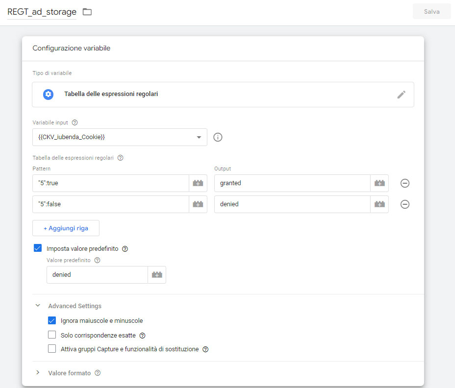 Variabile di Google Tag Manager di tipo JavaScript personalizzato per la gestione di ad_storage con la Consent Mode