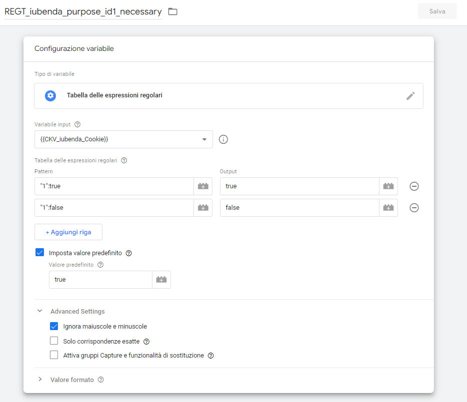 Variabile di tipo Tabella delle espressioni regolari in Google Tag Manager per il salvataggio delel preferenze cookie