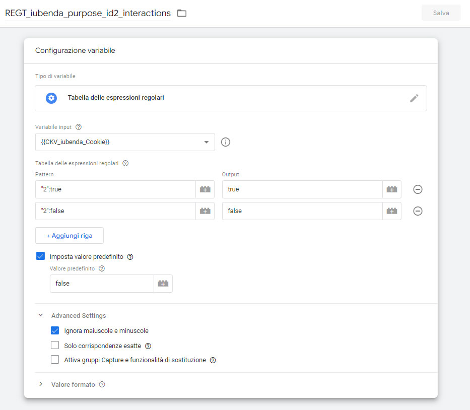 Variabile di tipo Tabella delle espressioni regolari in Google Tag Manager per il salvataggio delel preferenze cookie