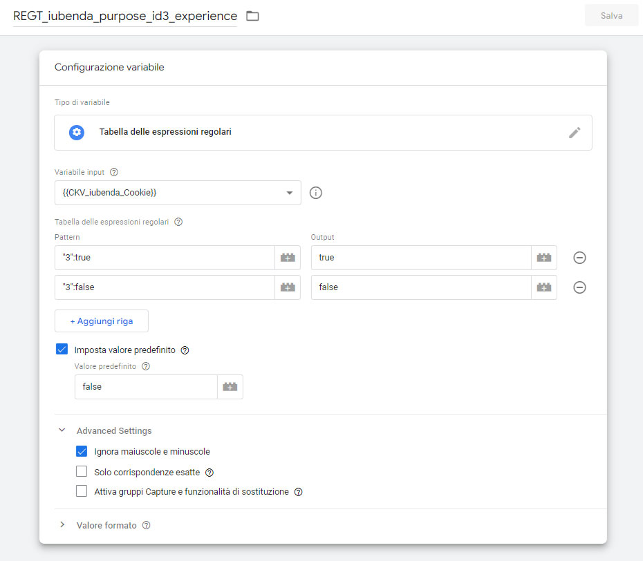 Variabile di tipo Tabella delle espressioni regolari in Google Tag Manager per il salvataggio delel preferenze cookie