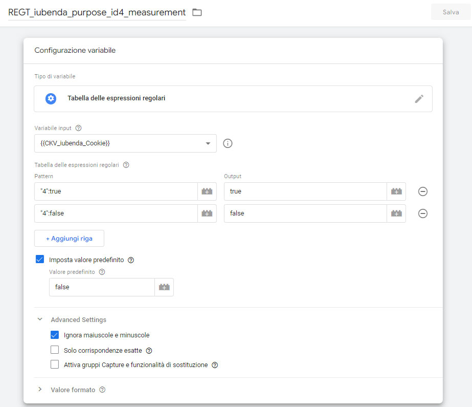 Variabile di tipo Tabella delle espressioni regolari in Google Tag Manager per il salvataggio delel preferenze cookie