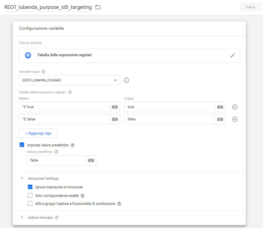 Variabile di tipo Tabella delle espressioni regolari in Google Tag Manager per il salvataggio delel preferenze cookie
