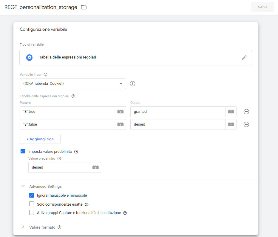 Variabile di Google Tag Manager di tipo JavaScript personalizzato per la gestione di personalization_storage con la Consent Mode